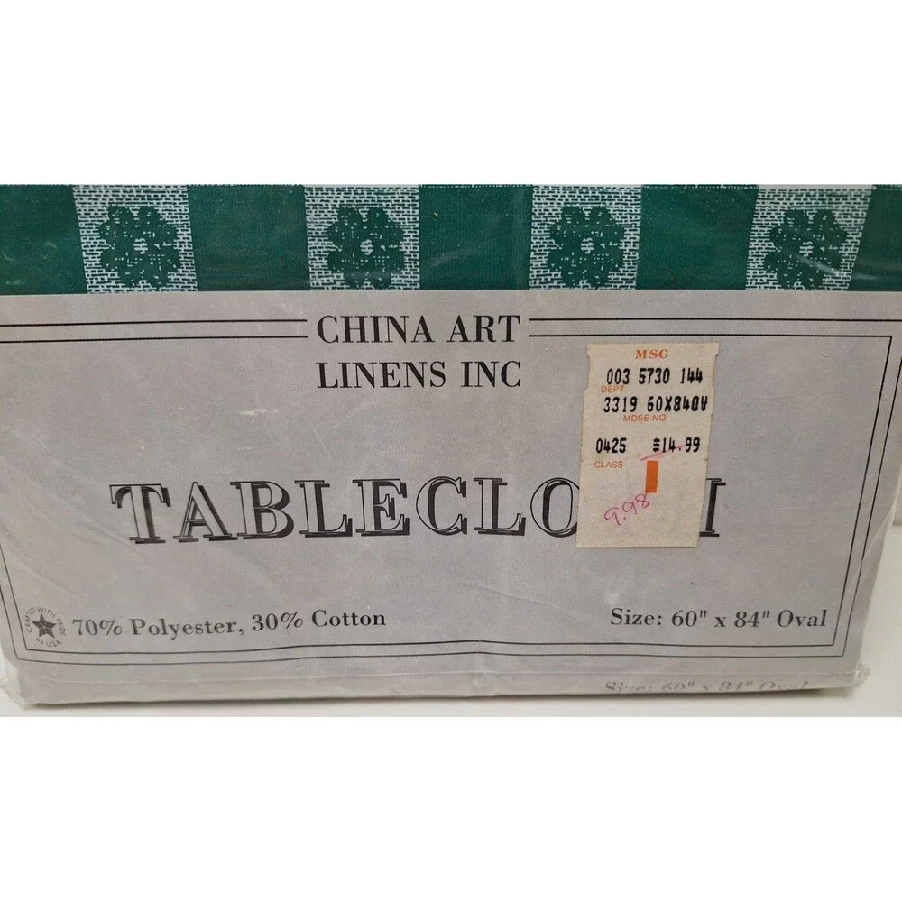 New In Package, 1980s Vinyl Flannel Back Green Gingham 60x84 Oval Tablecloth-USA